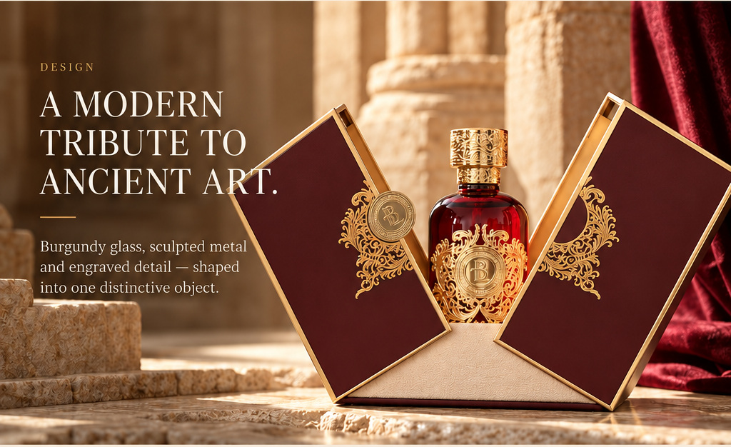 Babylon Lab burgundy fragrance bottle presented within its sculptural burgundy and gold case